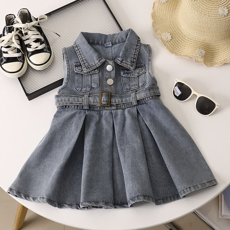 Girl's Stylish Sleeveless Denim Dress 2025 Summer New Korean Version Children's Lapel Waist-cinching Vest Dress Baby