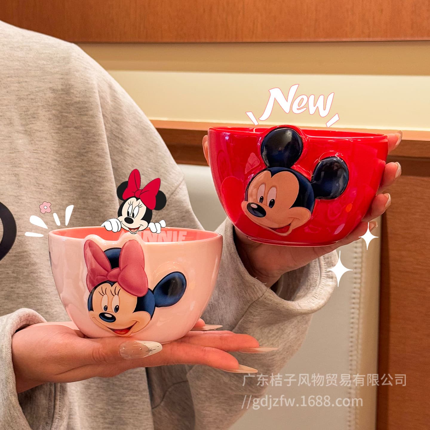 Mickey and Minnie embossed ceramic bowl household high-looking children's bowl personal rice bowl dish spoon tableware set