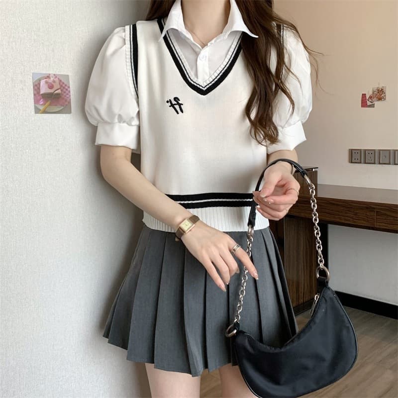 2025 Summer New Thin Japanese School Style Fake Two-Layer Polo Collar Short Sleeve Knit Top