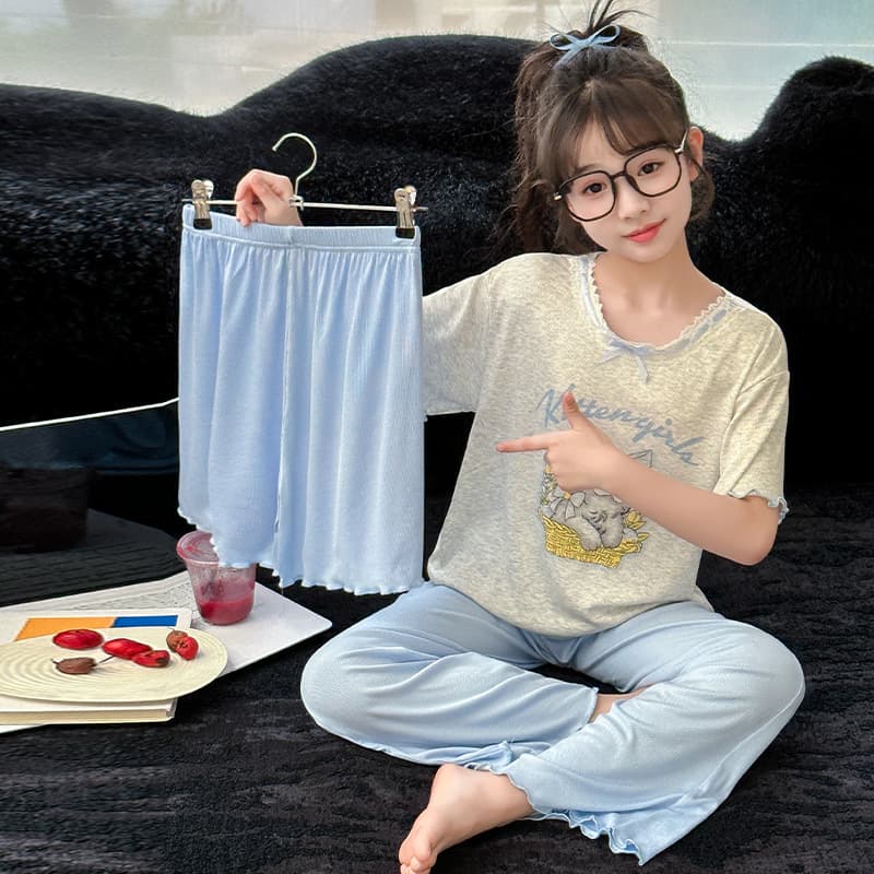 Girls' Pajama Set New Summer Korean Style Modal Homewear Children's Short Sleeve Air Conditioning Suit 3-Piece Set