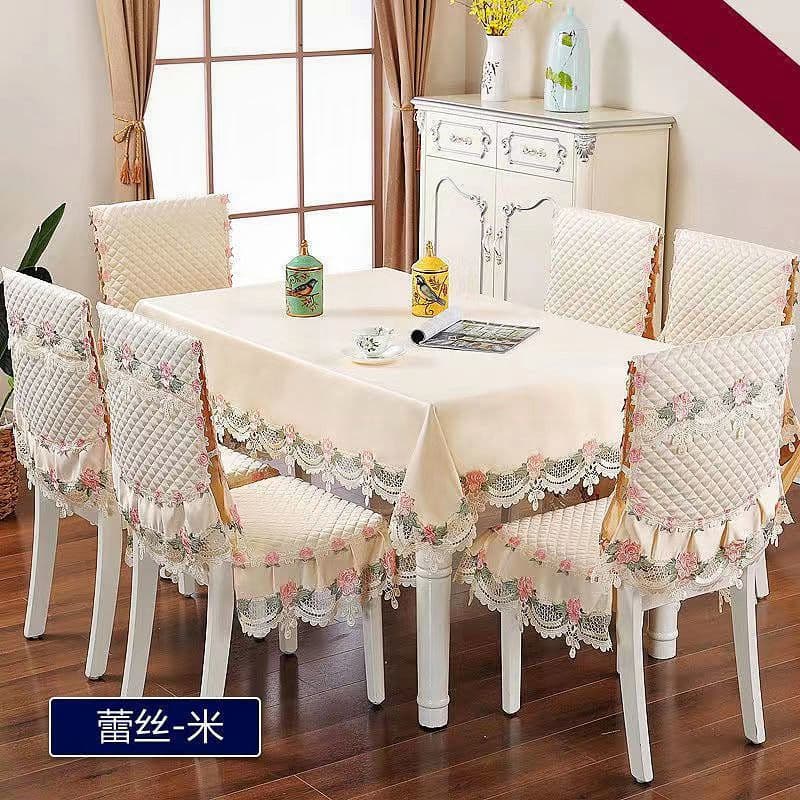 Tablecloth and Chair Cover Set for Home Use, Dining Chair Covers with Seat Cushions, Fitted Tablecloth and Chair Cover Set for Coffee Table, Round Tablecloth