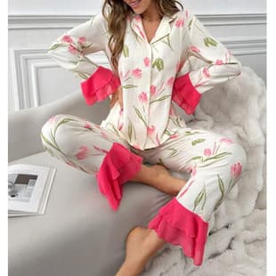 Cross-Border Lapel Cardigan Pajama Women's Set High-End European and American Style Stitched Lace Sweet Floral Home Print