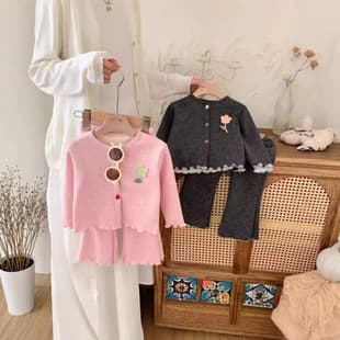 Trendy Autumn Winter Girls Fleece-Lined Korean Kids Cardigan Flared Pants Mamiya Cardigan Velvet Set