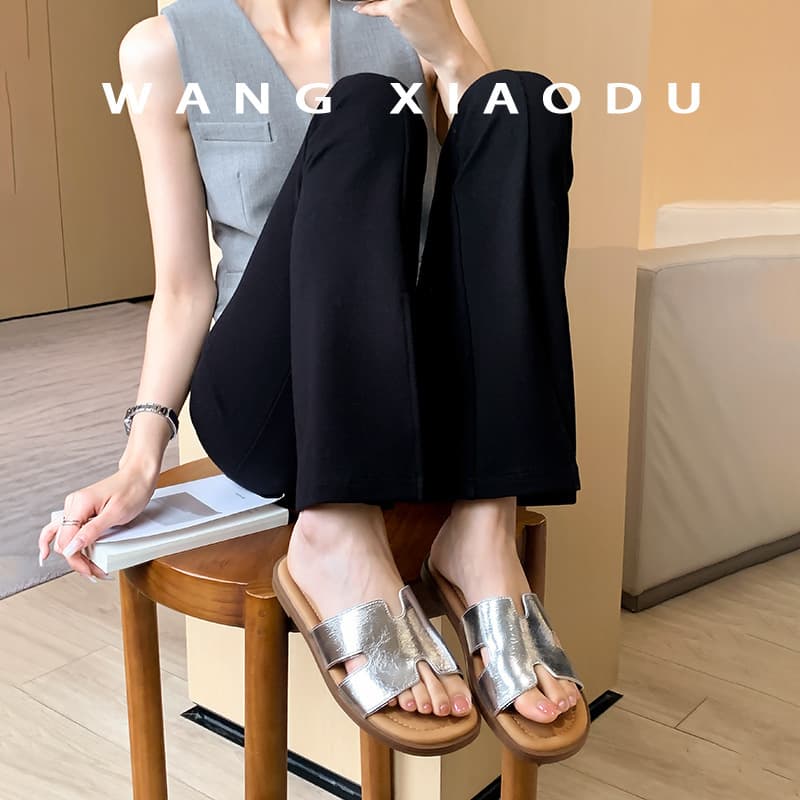 Sheepskin~Wang Xiaodu Commute H Slide Flat One-Strap Sandals for Women Summer Outdoor Beach Vacation Sandals