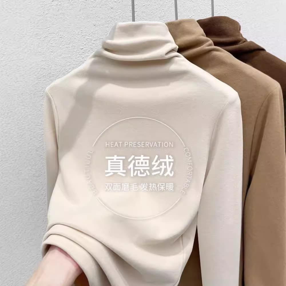Women's Double-Sided Brushed Velvet Base Shirt, Long-Sleeve High Neck Fleece-Lined Thickened Pile Collar Warm Top for Autumn and Winter