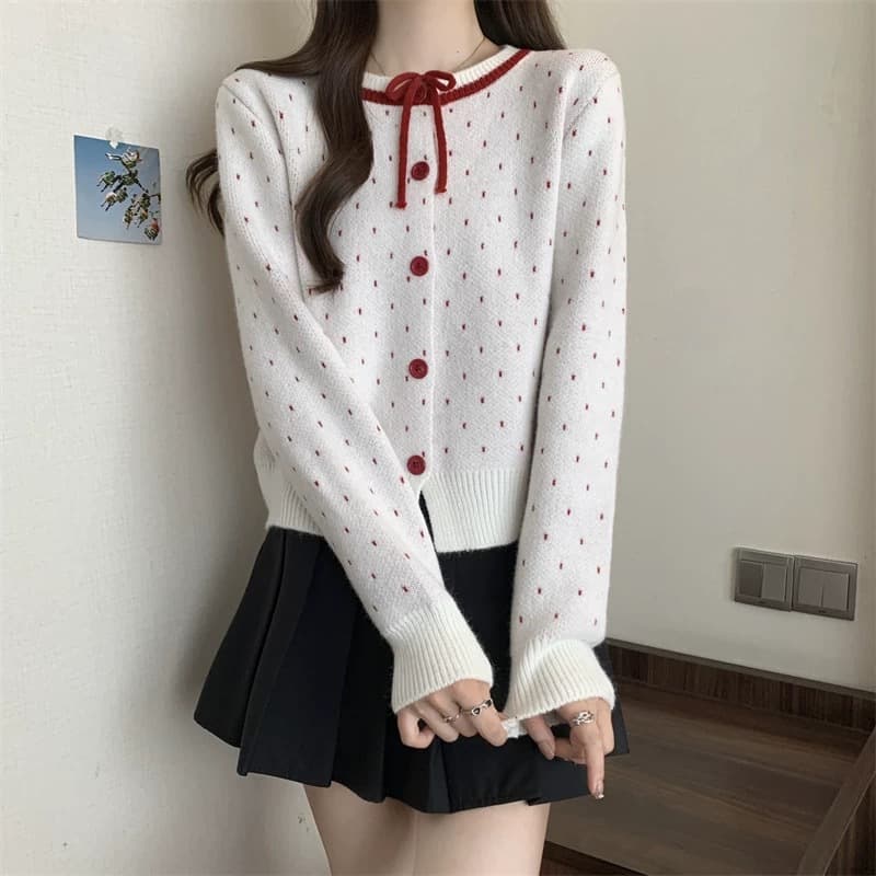 New Design Contrast Color Round Neck Heart Jacquard Knit Cardigan Spring Loose Long Sleeve Top Sweater Jacket
