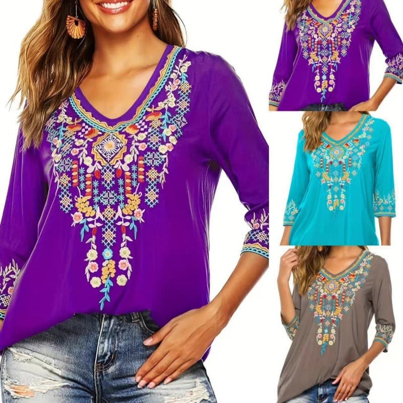 2026 New European and American Printed Fashion Summer Cross-border V-Neck Mid-Length Women's Short Sleeve Top In Stock