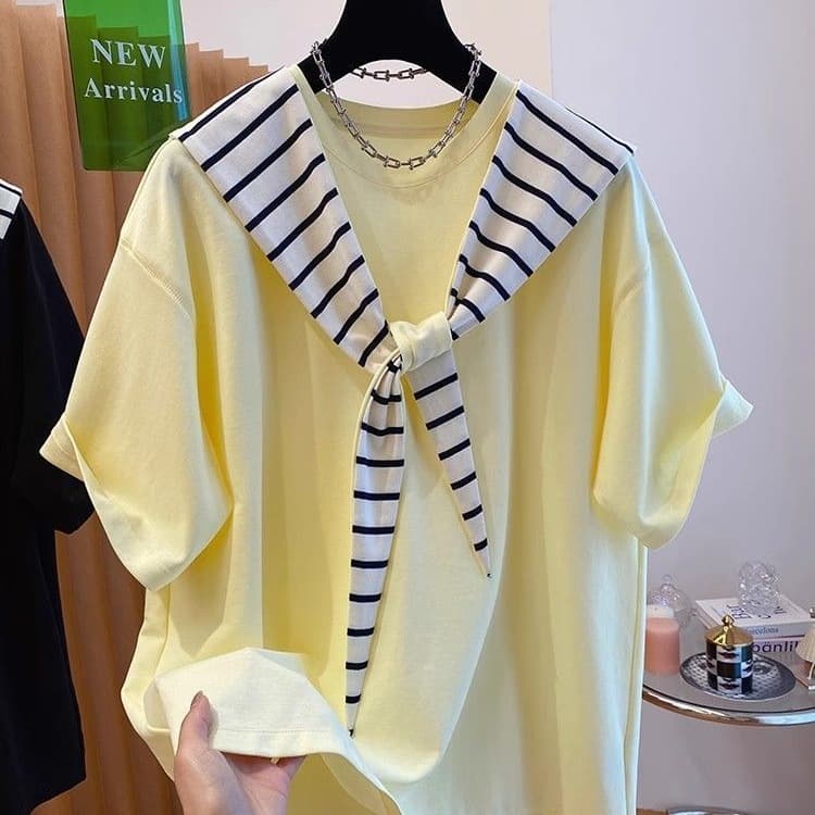2026 Summer Sense Hooded Loose Fit Striped Cape Short Sleeve T-Shirt Unisex Plus Size Top