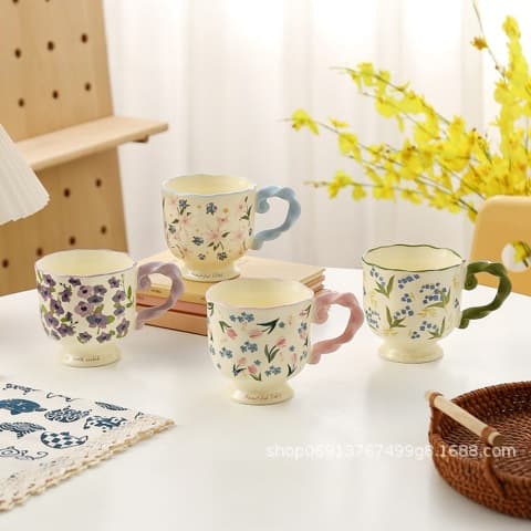 JSD478-3 Floral Goblet Small Fresh Retro Floral Mug Office High-Appearance Water Cup