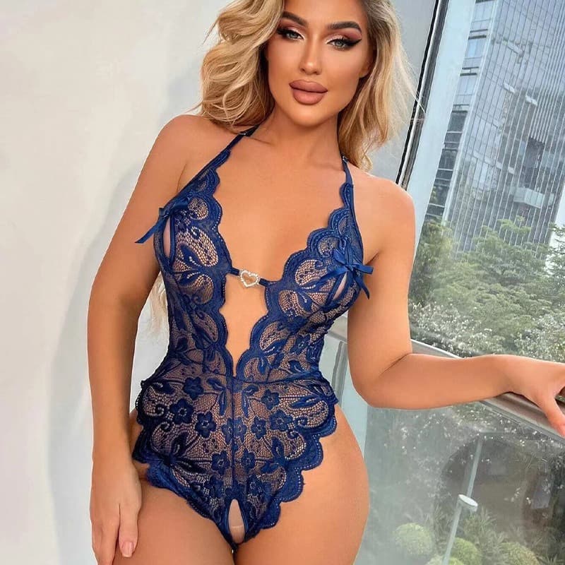 MULIAN Lingerie European-American Style Deep V Open Crotch Sexy Bodysuit Sleepwear Hot Plus Size Lace Hollow Out Sexy Costume