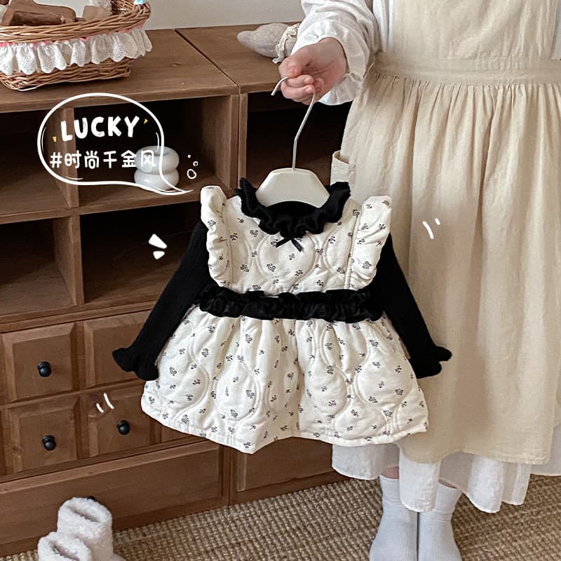 2025 New Winter Korean-style Sleeveless Dress for Girls, Trendy Floral Printed Cotton-padded Princess Dress, Children's Dress Fashion