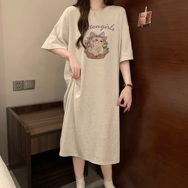 Cartoon Cat Girl Nightgown Pure Cotton Short-Sleeved Summer Loose Large Size Maternity Casual Mid-Length Dress Girl's Home Wear