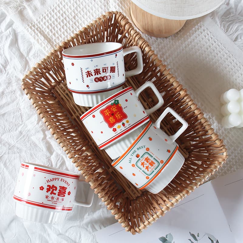 Printed Logo Retro High Color Value Morandi Stacked Mug Wholesale Ins Style Ceramic Cup Senior Companion Gift