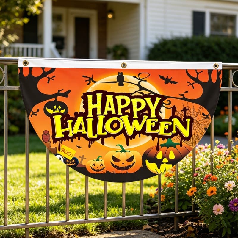 Amazon Cross-border Halloween Half-circle Flag Custom Holiday Yard Decoration Hanging Flag Garden Flag Fan-shaped Flag Custom