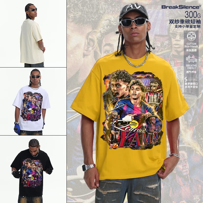 Cross-border Yamal American Football T-Shirt Short Sleeve ins High Street Print Heavyweight 300g Pure Cotton Drop Shoulder Loose Top