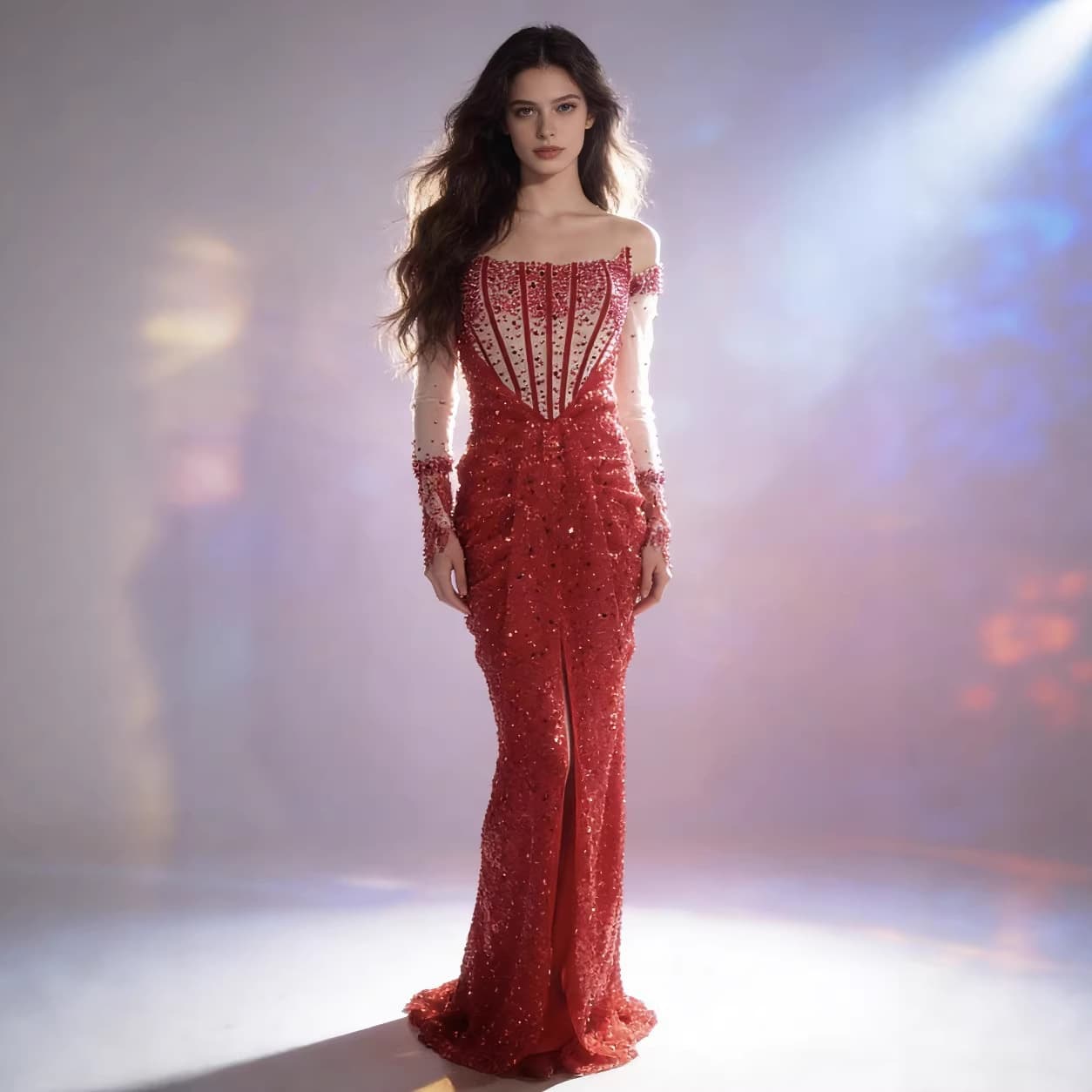 European and American foreign trade sequin heavy industry sexy tube top beaded beaded mesh mesh slim fit banquet evening dress