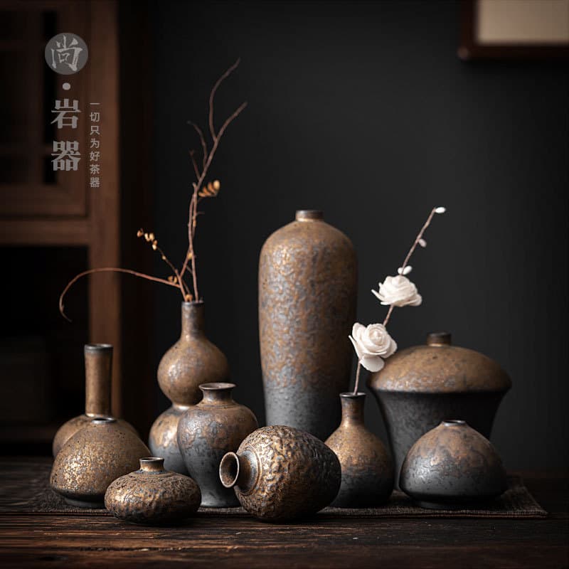 Gilt Ceramic Small Vase, Retro Dried Flower Arrangement, Hydroponic Coarse Pottery Flower Vase, Desktop Decoration Zen Home Ornament