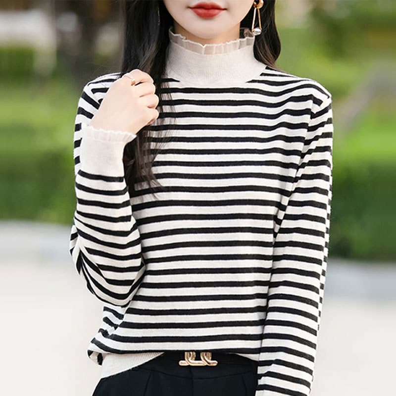 [Direct supply from the factory] Lace half turtleneck women's sweater autumn and winter new fashion striped versatile sweater