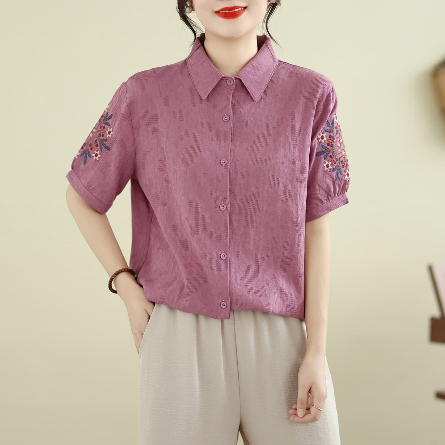 Pure Cotton Jacquard Ethnic Style Retro New Women's Cotton Linen Mother's Summer Embroidered Stylish Short-Sleeve Top for Middle-Aged and Elderly
