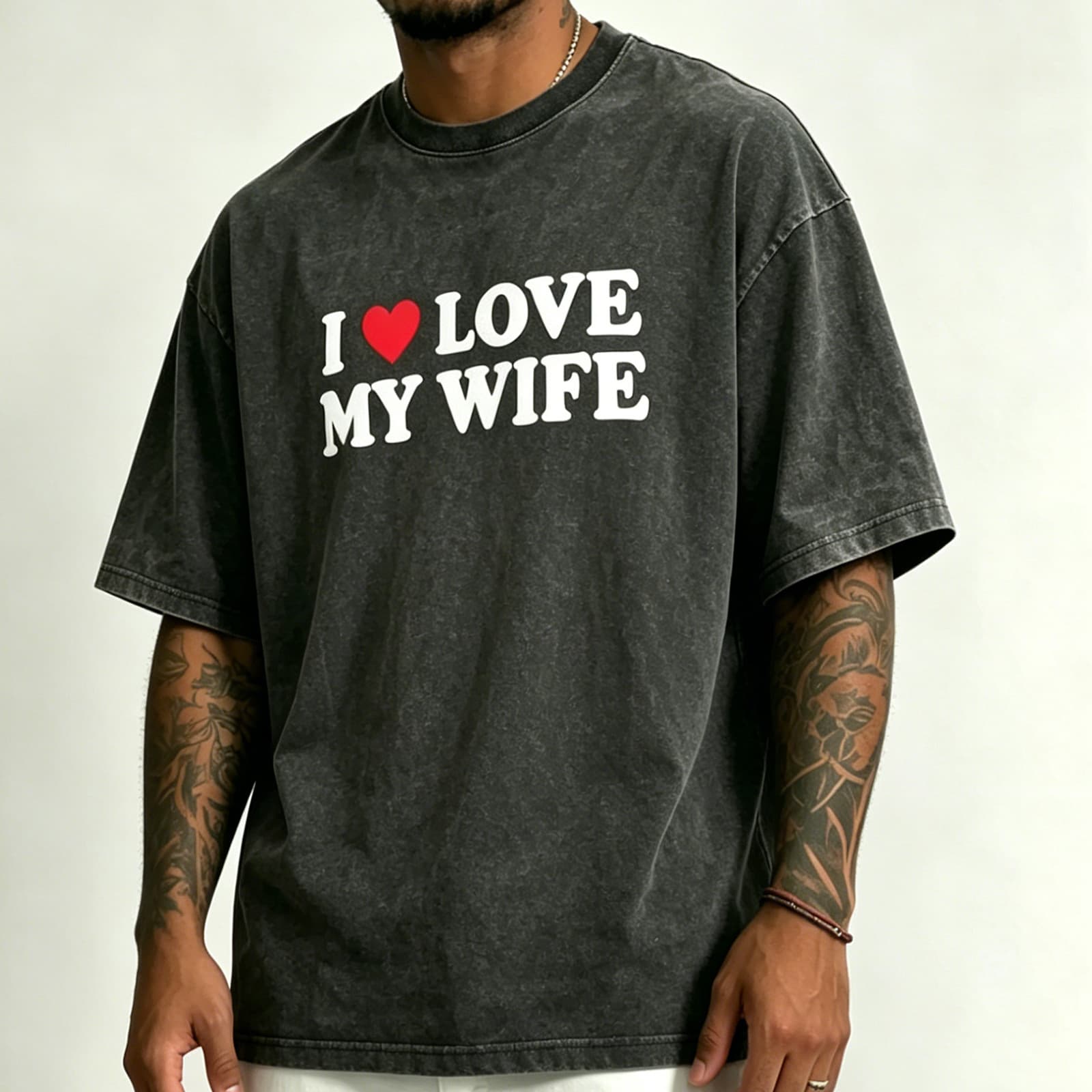 American Retro Washed Distressed Short Sleeve T-Shirt Men I LOVE MY WIFE Heart Slogan Print