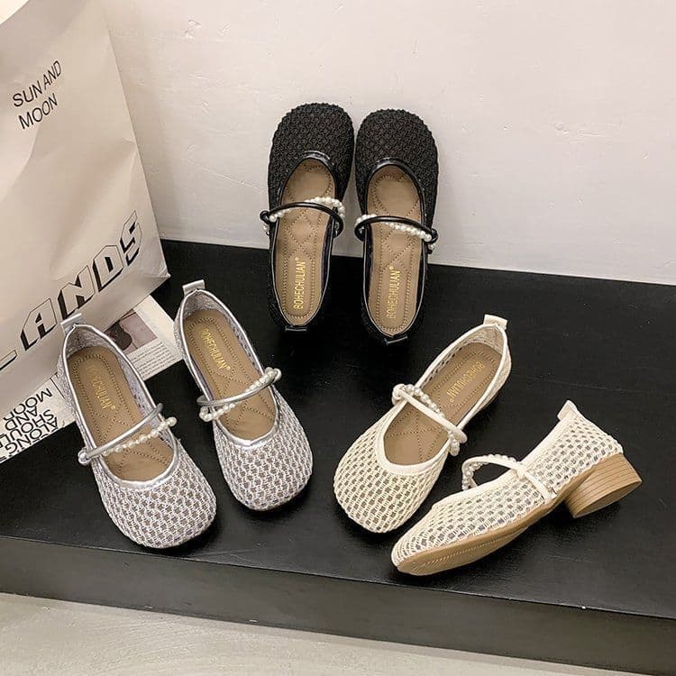 Slip-On Chunky Heel Single Shoes Mary Jane Women's Shoes 2026 New Summer French Style Hollow Woven Sandals Low Heel Mesh Shoes