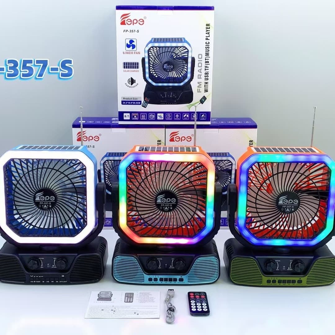 New Bluetooth Audio Solar Battery Rotating Fan with RGB Colorful Lights Outdoor Portable Home Radio