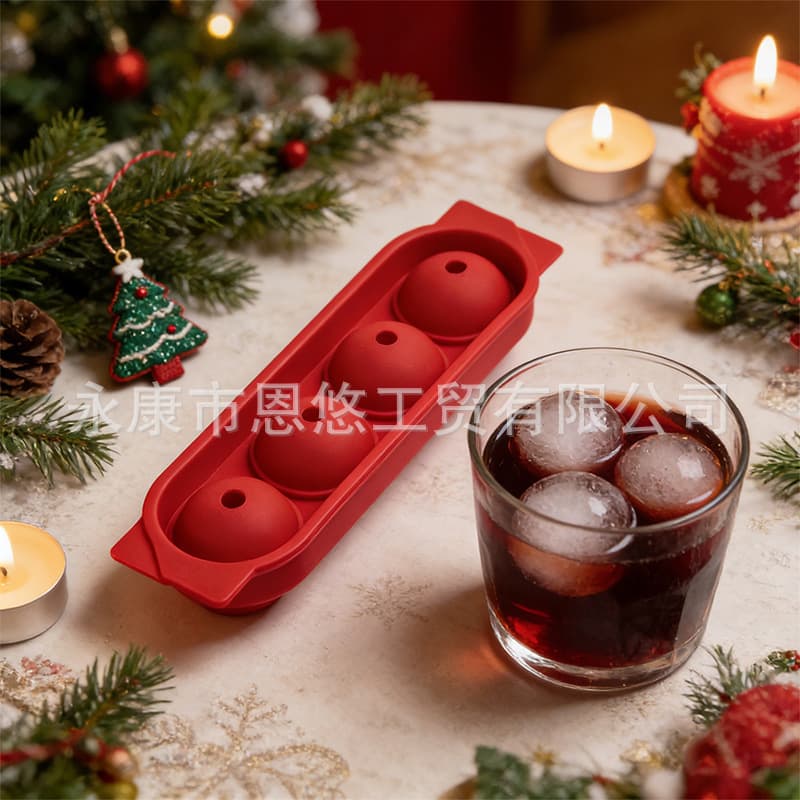 Food-Grade Silicone Four-Hole Ice Ball Ice Tray for Home Use, Bar Whiskey Ice Maker, Round Ice Balls, Ice Pops