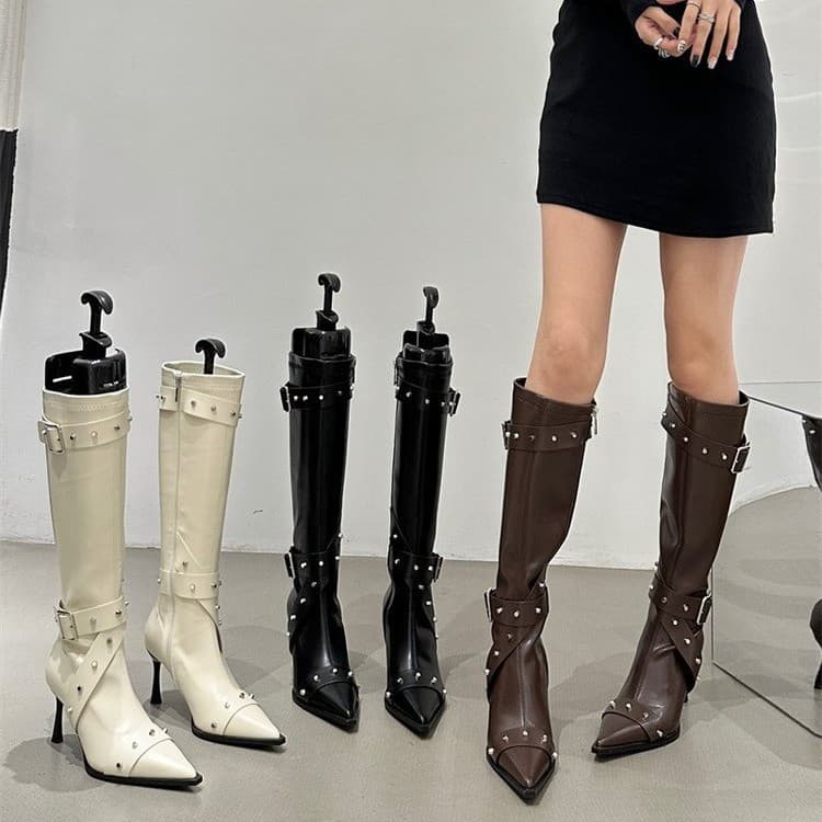 2026 Autumn and Winter New Style Fashionable and Versatile Pointed Toe Boots Women's High Heels Rivet Motorcycle Boots Side Zipper Long Boots