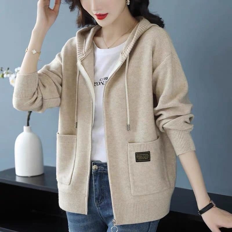 Mothers' Hooded Zip-Up Sweater Coat, Casual Knit Cardigan with Hood, New Spring/Summer Style, Loose Fit