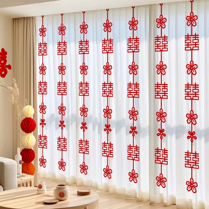 Wedding Room Curtain Decoration with Double Happiness Banner Hanging Ornaments for Bride and Groom Bedroom Living Room Door Curtain Hanging Pieces