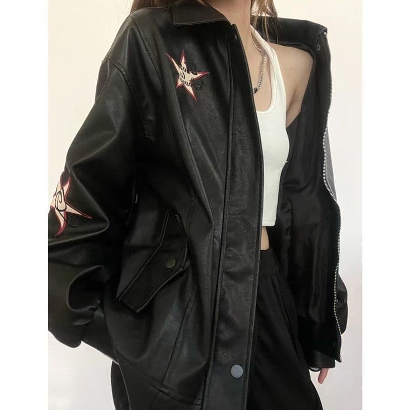 American Retro Embroidered Leather Jacket Women Autumn 2025 New National Trend Black Motorcycle PU Leather Coat