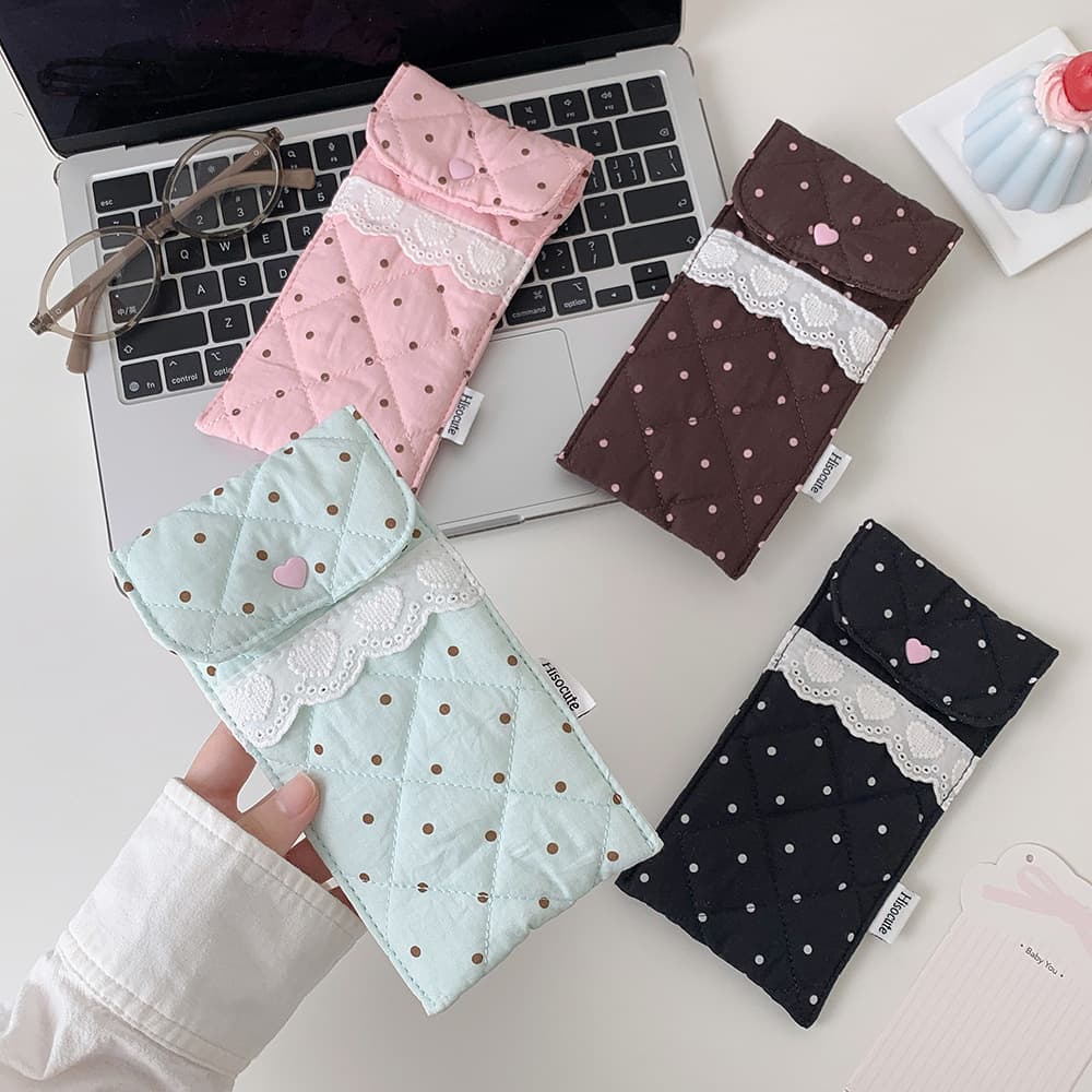 Original polka-dot fabric quilted pencil bag, high-looking quilted glasses storage bag, protective bag, student stationery storage bag