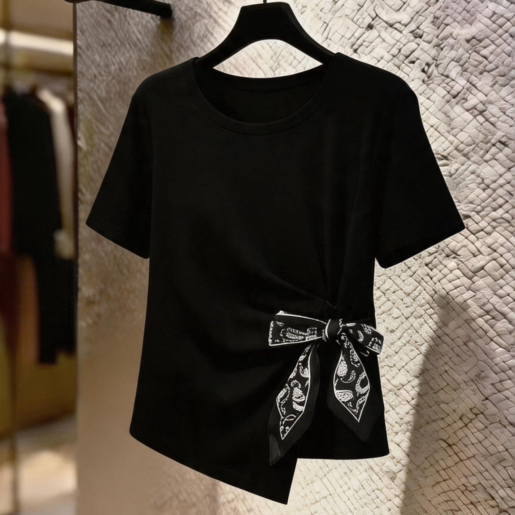 Plus size summer fat mm belly-covering silk scarf with irregular design waist slimming right shoulder short-sleeved T-shirt top
