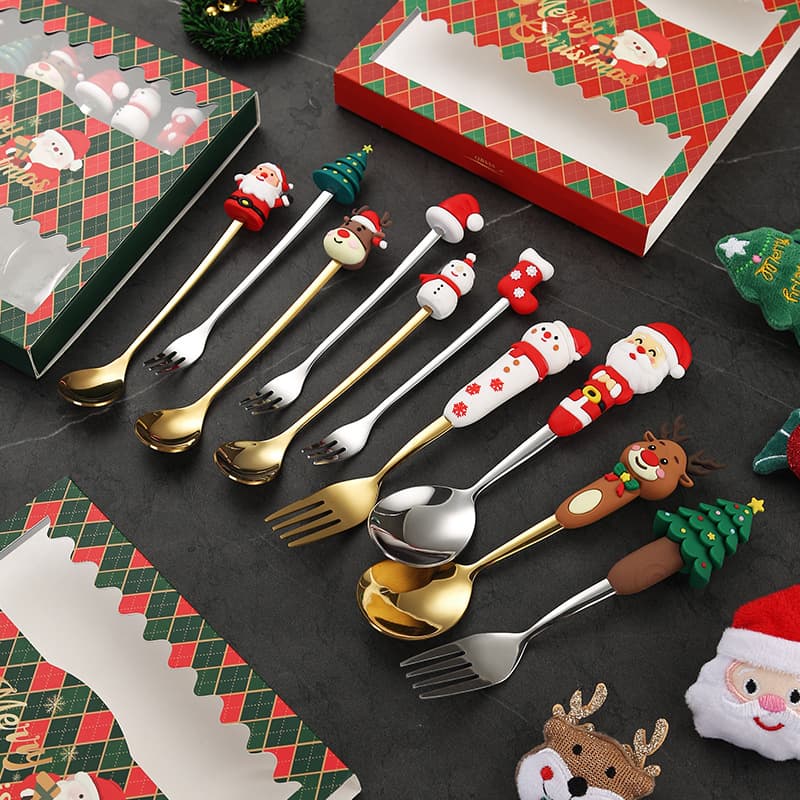 Cross-border Christmas spoon creative tableware doll dessert spoon and fork cartoon Christmas tree spoon and fork gift box set