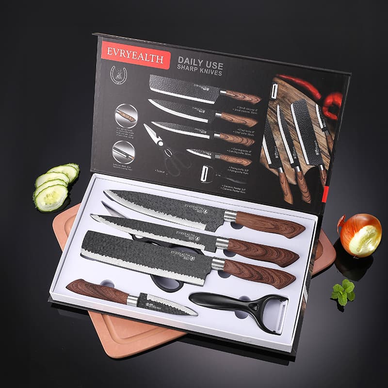 Kitchen Knife Set 6-Piece with Mofan Stone Coating, Stainless Steel Spray Non-Stick Chinese Chef Knife Gift Set