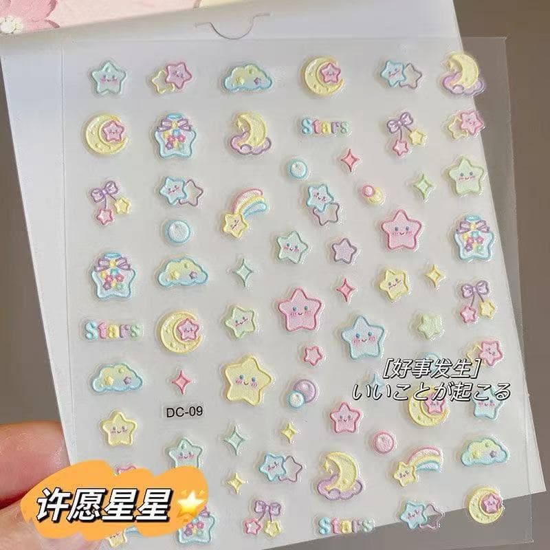 Wishing Star Nail Art Sticker Ins Style Pink Girly Heart Bunny Cute Cartoon Embossed Water Cup Camera DIY Sticker
