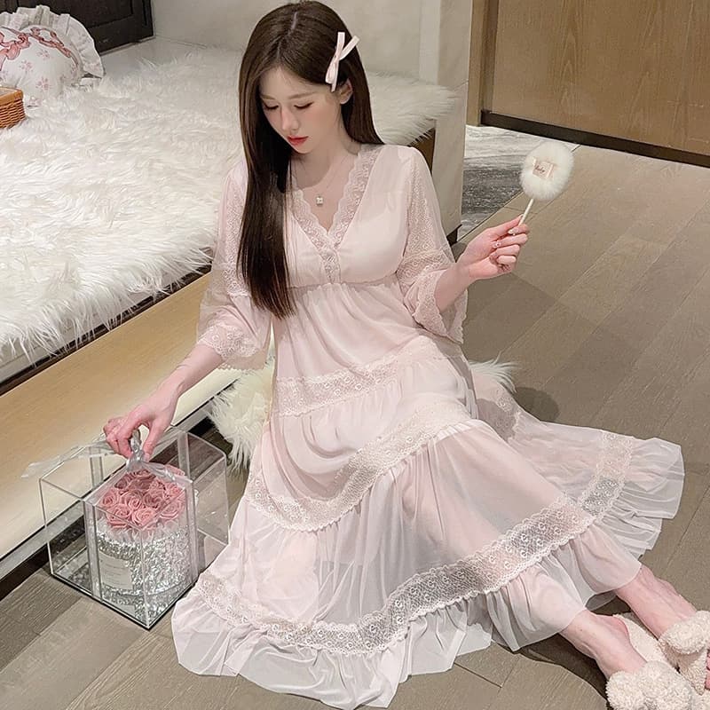 Linglei summer solid color lace bow mesh palace princess style mid-length nightgown pajamas home clothes for women