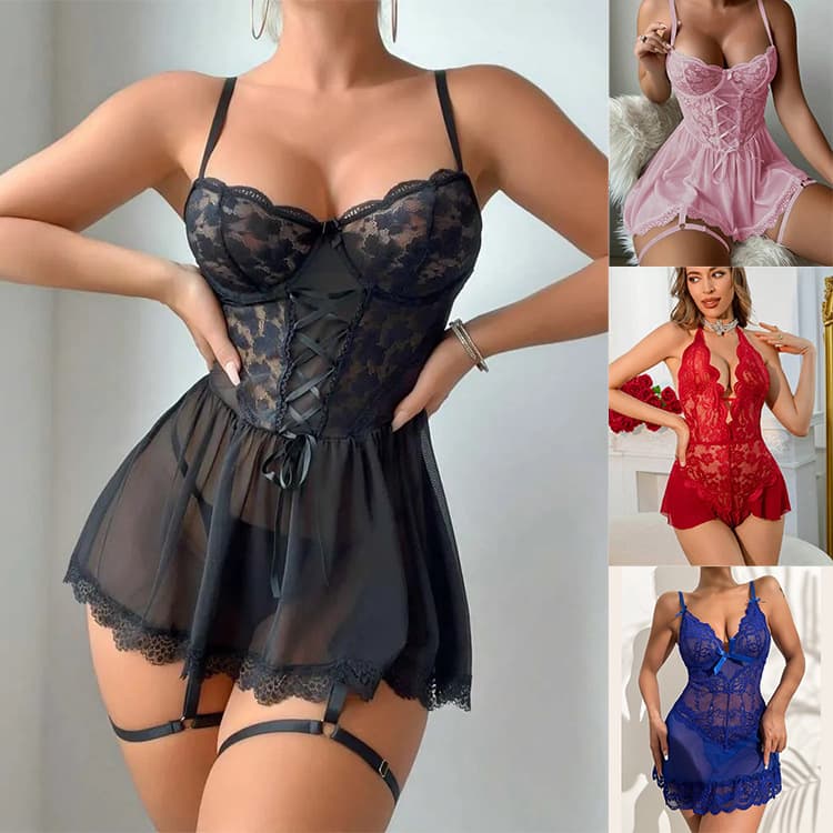Cross-border Europe and America Lingerie Women's New Sexy Lace Patchwork Camisole Nightgown Flirting Sexy Underwear Wholesale