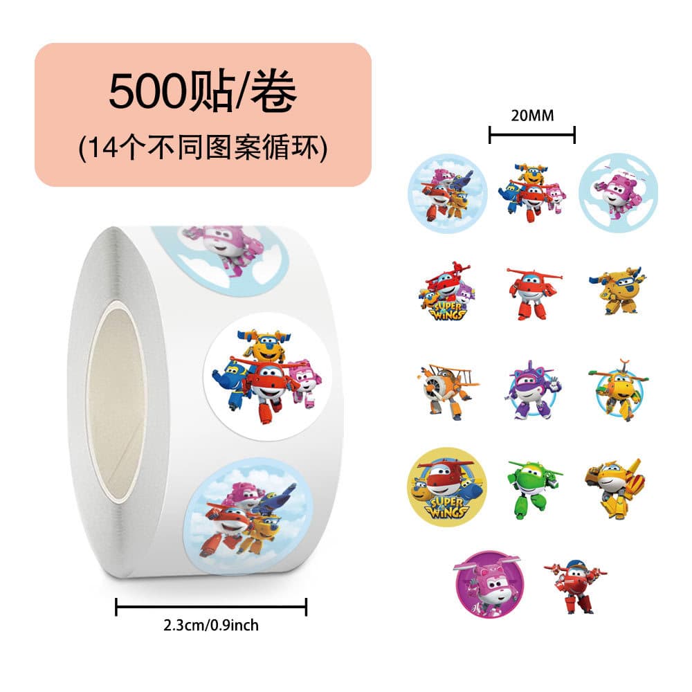 500 Stickers/Roll Super Wings Roll Stickers Educational Cartoon Stickers Cross-border Decorative Flat Seal Sticker Tape Wholesale