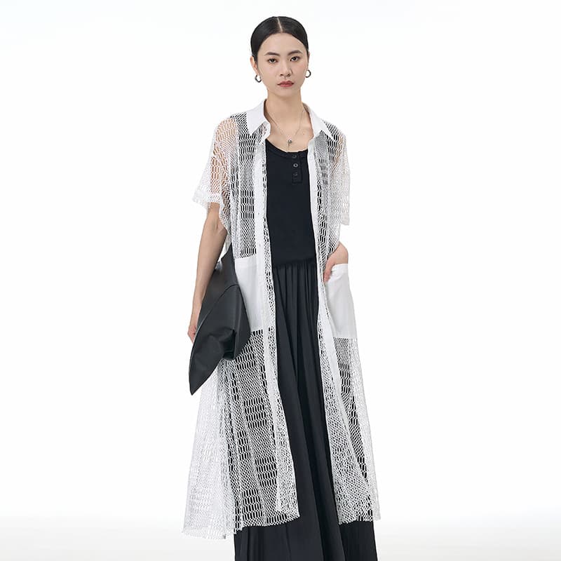 European and American short-sleeved mesh windbreaker long coat 2026 summer new style large size hollow women's clothing loose and slim 69903