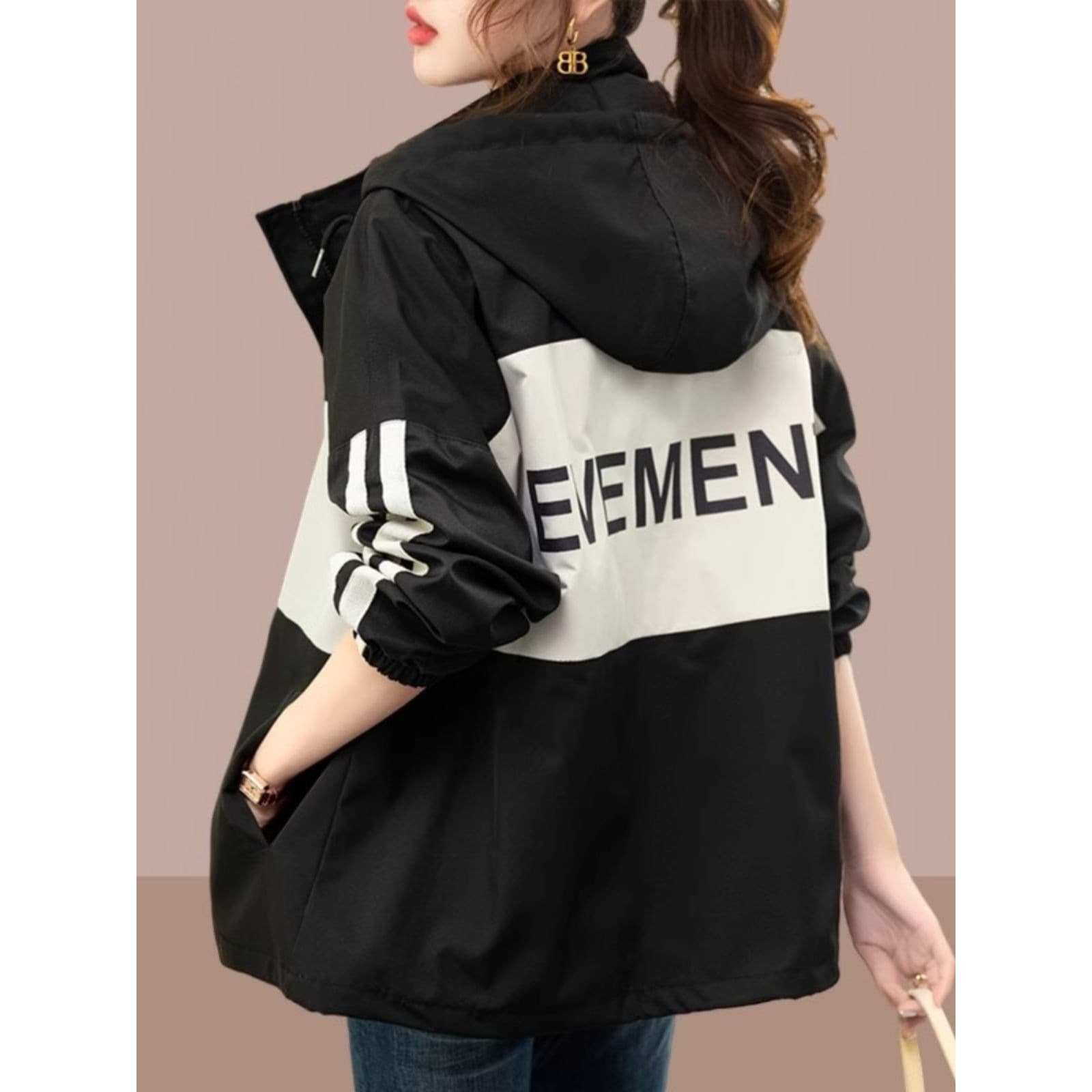 Korean Style Color-Block Hooded Jacket for Women, Petite Short Coat, 2025 Spring/Autumn Casual Plus Size Jacket