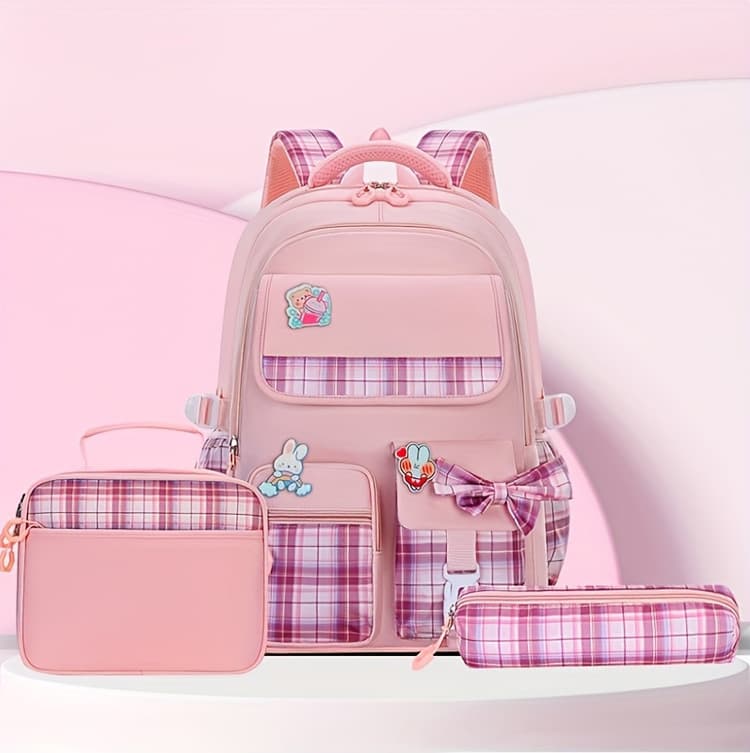School Bag Cross-Border Hot-Selling Backpack Bow Grid Backpack Girls Backpack Lunch Bag and Pencil Case