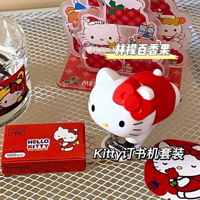 Cute Kitty Children Student Stationery Cartoon Mini Adorable Portable Stapler Set