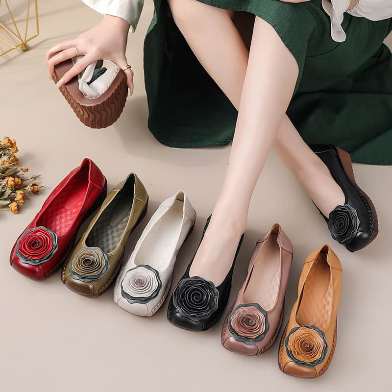 2025 Spring New Handmade Leather Shoes Women's Shallow Flower Design Soft Bottom Flat Bottom Mom Shoes