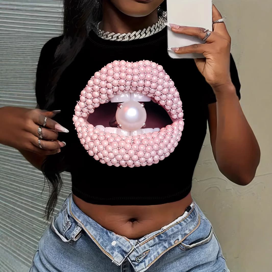 In stock Lips Pearl Lips Pattern Design Print Crew Neck T-Shirt Y2K Short Sleeve Crop Top Spring Summer