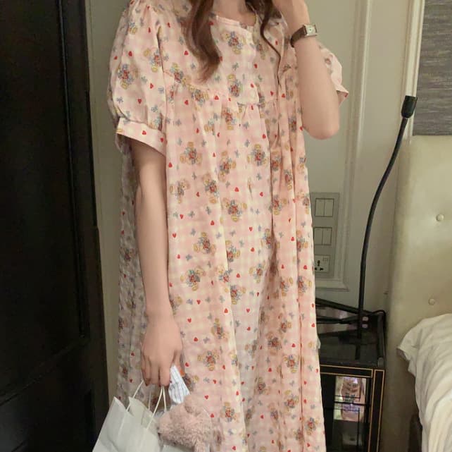 2023 Summer Women's New ins Vacation Loose Outwear Plaid Bear Home Clothes Short-sleeved Long Dress Nightdress