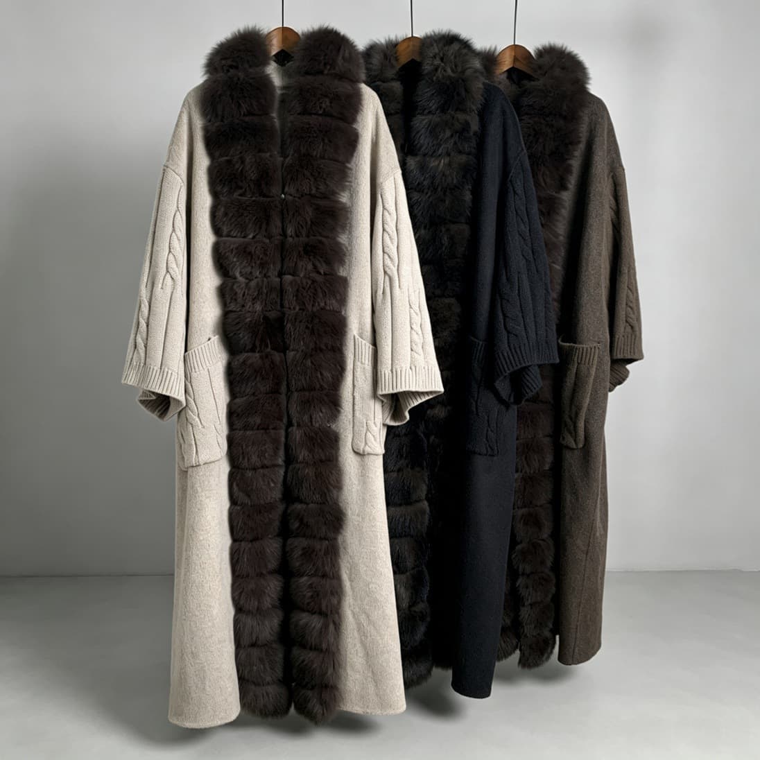 Export Extra-Long Real Fox Fur Collar Wool Coat for Women with Knit Sleeves, Autumn/Winter Double-Faced Wool Coat
