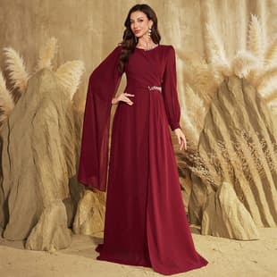 KY2294 Women's Solid Round Neck Asymmetrical Flowing Sleeve Wine Red Chiffon Evening Dress for Banquet