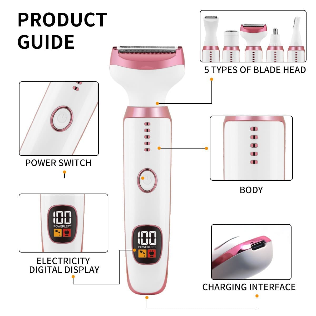 Women's Nose and Eyebrow Trimmer 5-in-1 Electric Shaver Pubic Hair Trimmer Portable Hair Removal Device