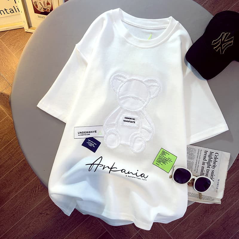 AL39# Bear Joker Western Style Casual Top Summer Loose Plus Large Size Medium and Long Short Sleeve T-Shirt for Women